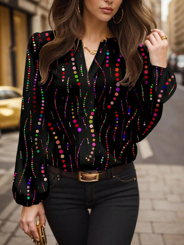 Women's Polka Dot & Striped Print Long Sleeve Loose Shirt,