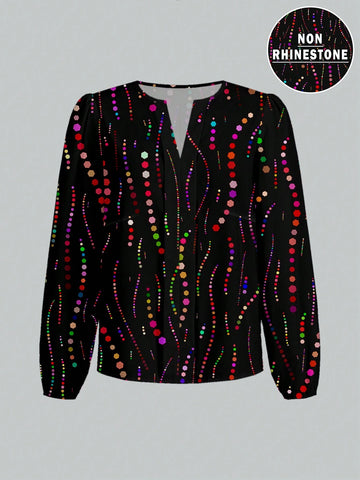 Women's Polka Dot & Striped Print Long Sleeve Loose Shirt,