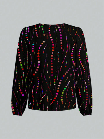 Women's Polka Dot & Striped Print Long Sleeve Loose Shirt,