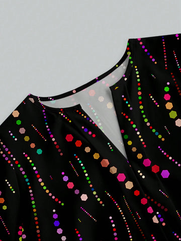 Women's Polka Dot & Striped Print Long Sleeve Loose Shirt,