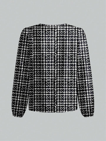 Casual Minimalist Tweed Plaid Print Elegant Ladies Blouse,