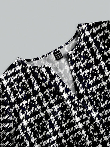 Casual Minimalist Tweed Plaid Print Elegant Ladies Blouse,