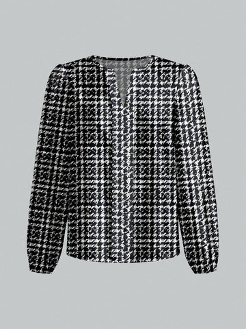 Casual Minimalist Tweed Plaid Print Elegant Ladies Blouse,