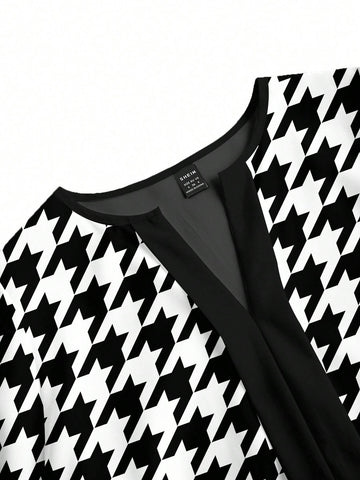Elegant Casual Minimalist Women Houndstooth Shirt