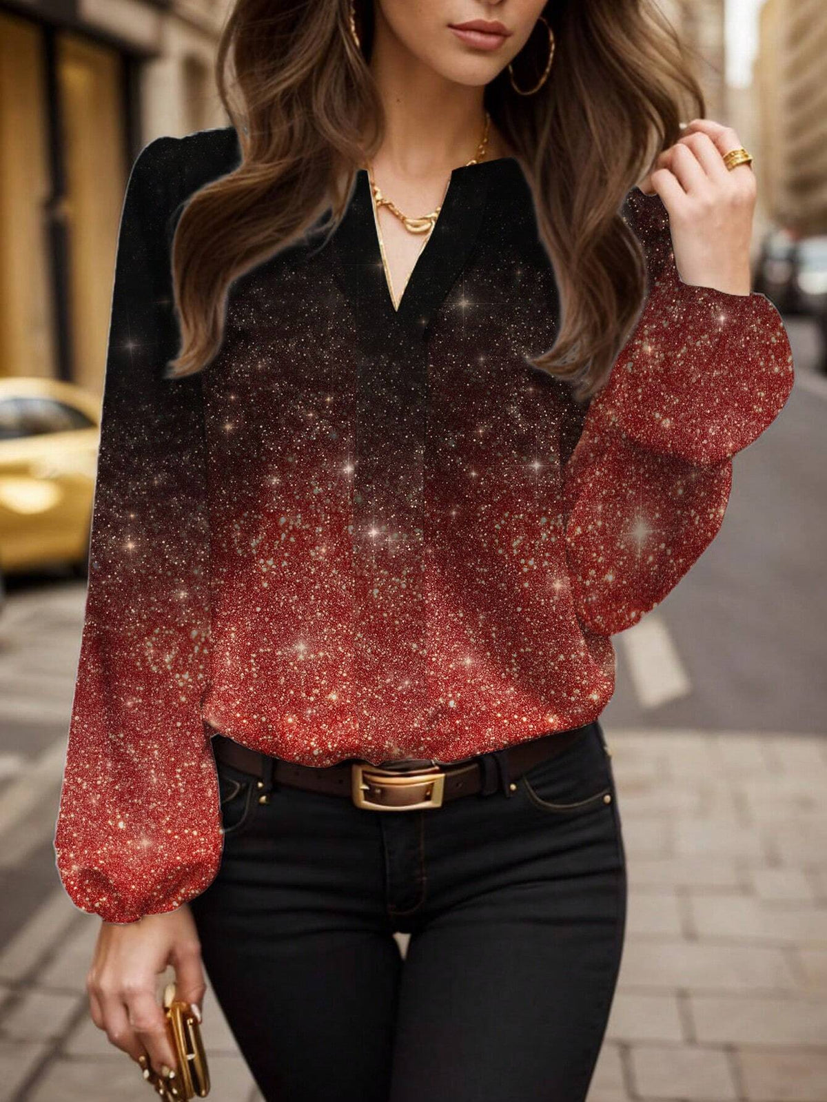 Women Casual Red Sequin Print Shirt