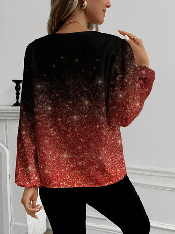 Women Casual Red Sequin Print Shirt