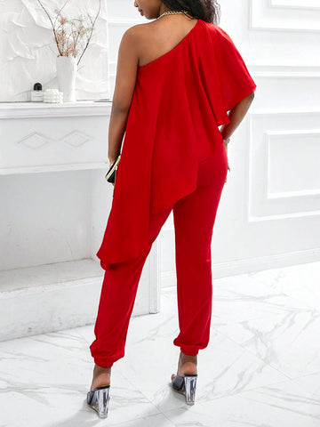 Oblique-Shoulder Frill Trim Jumpsuit