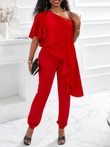 Oblique-Shoulder Frill Trim Jumpsuit