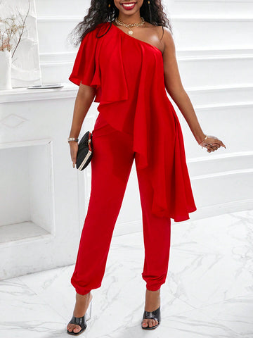 Oblique-Shoulder Frill Trim Jumpsuit