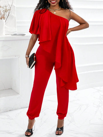Oblique-Shoulder Frill Trim Jumpsuit