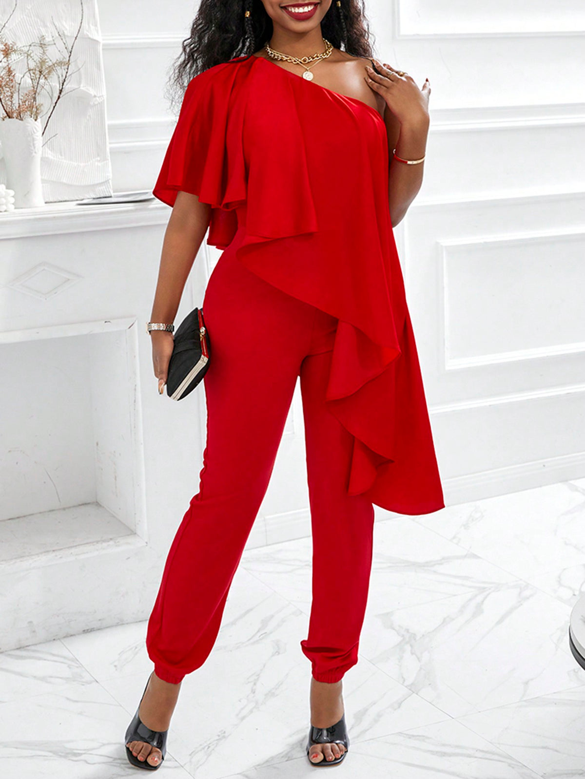 Oblique-Shoulder Frill Trim Jumpsuit