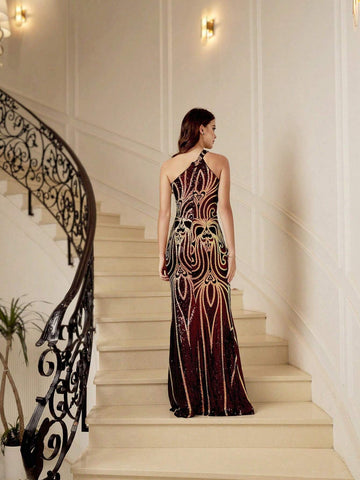 Oblique Shoulder Beaded High Slit Evening Party Dress