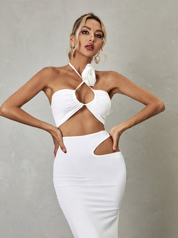 Odilia Halterneck Cutout Split Set In White