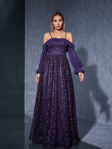 Off-Shoulder Chiffon Long Sleeve Embroidered Lace High-End Evening Dress