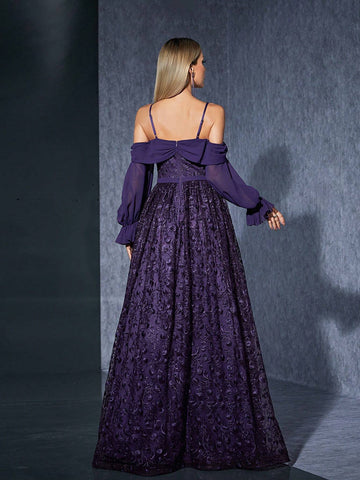 Off-Shoulder Chiffon Long Sleeve Embroidered Lace High-End Evening Dress
