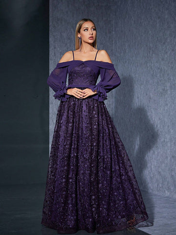 Off-Shoulder Chiffon Long Sleeve Embroidered Lace High-End Evening Dress