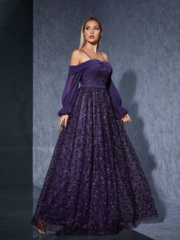 Off-Shoulder Chiffon Long Sleeve Embroidered Lace High-End Evening Dress