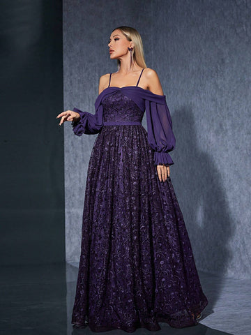 Off-Shoulder Chiffon Long Sleeve Embroidered Lace High-End Evening Dress