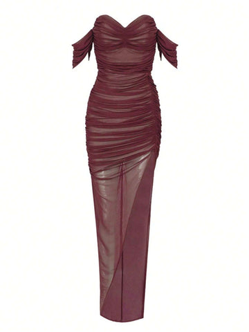 Off-Shoulder Draped Mesh Midi Dress