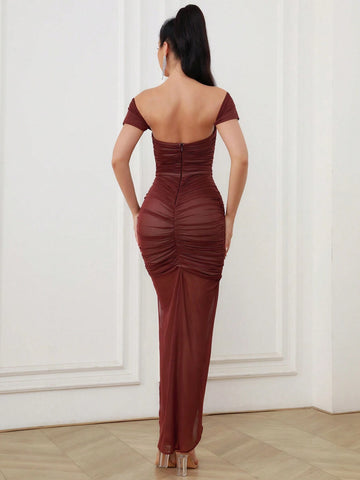 Off-Shoulder Draped Mesh Midi Dress