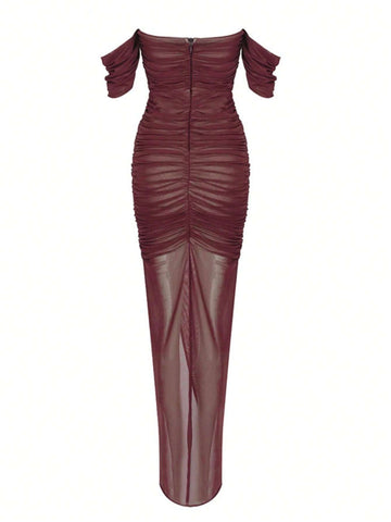 Off-Shoulder Draped Mesh Midi Dress