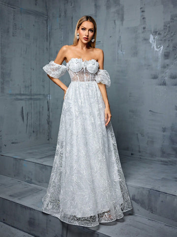 Off-Shoulder Embroidered Lace Bodice With Chest Pads And Flowy Wedding Dress For Women