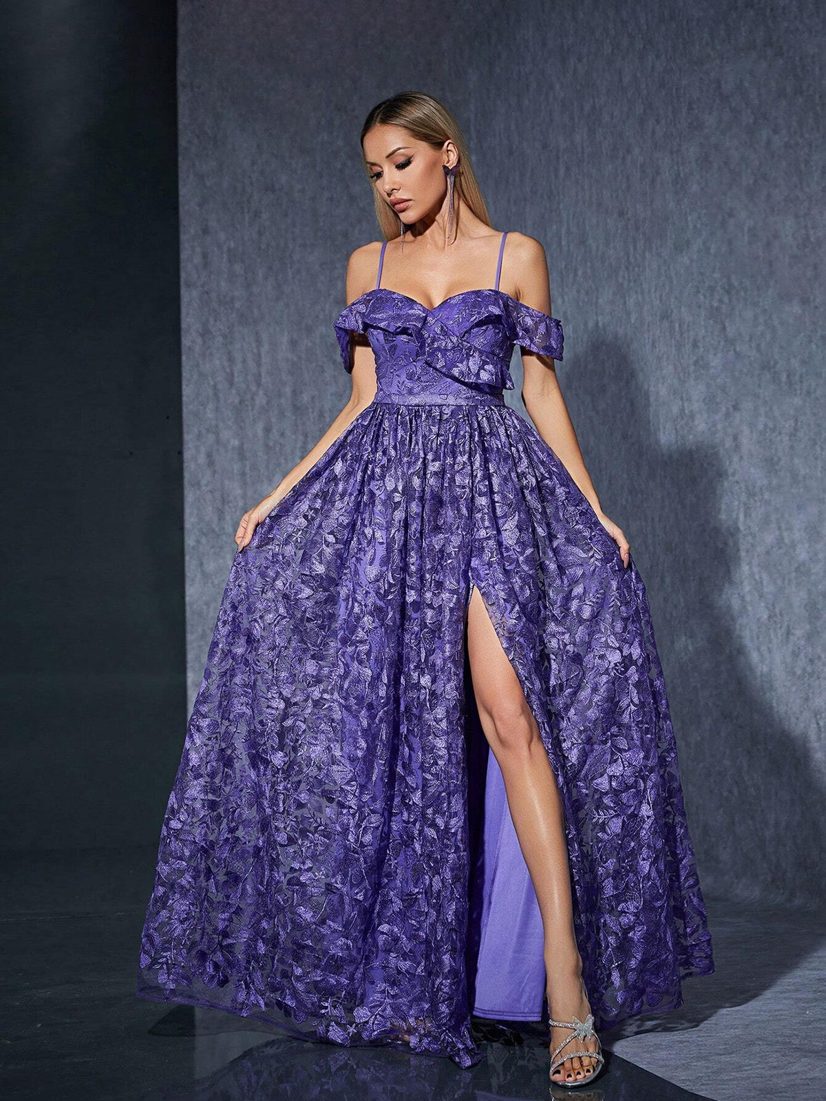 Off-Shoulder Embroidered Lace Front Slit Premium Evening Dress