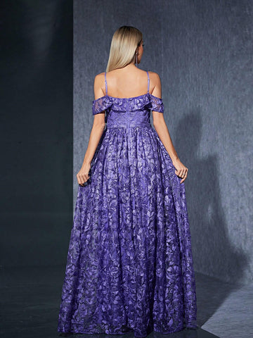 Off-Shoulder Embroidered Lace Front Slit Premium Evening Dress