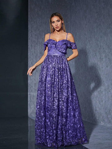 Off-Shoulder Embroidered Lace Front Slit Premium Evening Dress