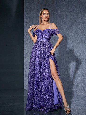 Off-Shoulder Embroidered Lace Front Slit Premium Evening Dress