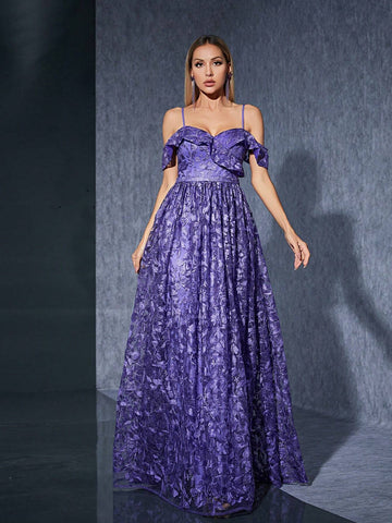 Off-Shoulder Embroidered Lace Front Slit Premium Evening Dress