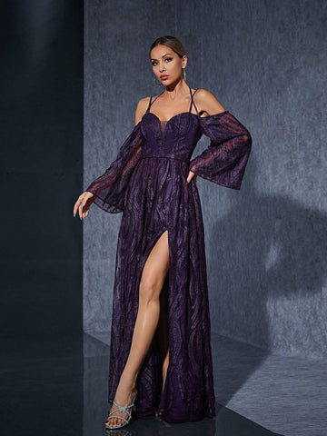 Off-Shoulder Embroidered Lace Long Sleeve High-End Evening Dress With Front Slit