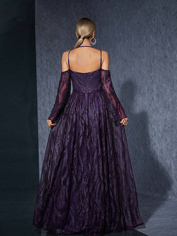 Off-Shoulder Embroidered Lace Long Sleeve High-End Evening Dress With Front Slit