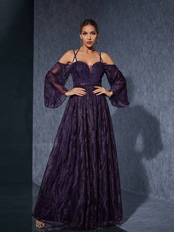 Off-Shoulder Embroidered Lace Long Sleeve High-End Evening Dress With Front Slit