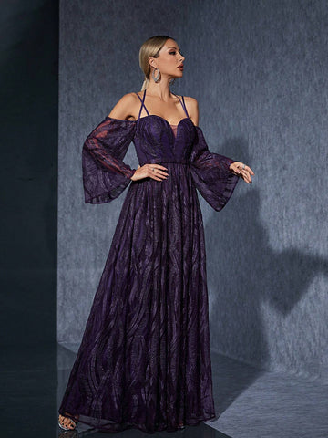 Off-Shoulder Embroidered Lace Long Sleeve High-End Evening Dress With Front Slit