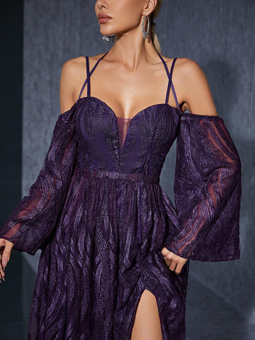Off-Shoulder Embroidered Lace Long Sleeve High-End Evening Dress With Front Slit