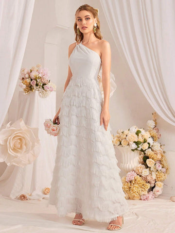Off-Shoulder Fringe Patchwork A-Line Wedding Dress With Waist Belt