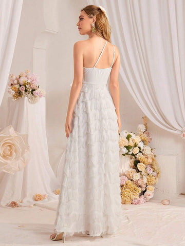 Off-Shoulder Fringe Patchwork A-Line Wedding Dress With Waist Belt