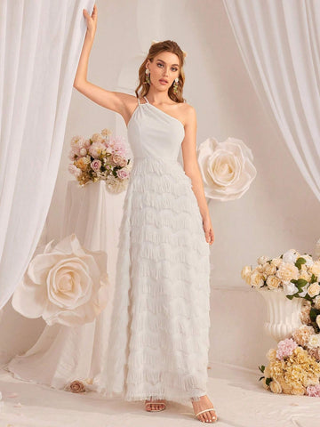 Off-Shoulder Fringe Patchwork A-Line Wedding Dress With Waist Belt