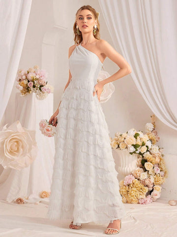 Off-Shoulder Fringe Patchwork A-Line Wedding Dress With Waist Belt
