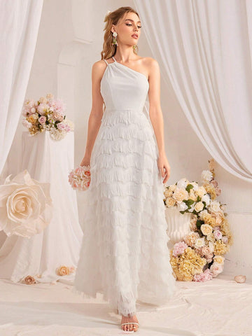 Off-Shoulder Fringe Patchwork A-Line Wedding Dress With Waist Belt