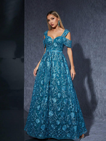 Off-Shoulder High-End Evening Dress With Embroidery, Ruffled Lace Sleeve