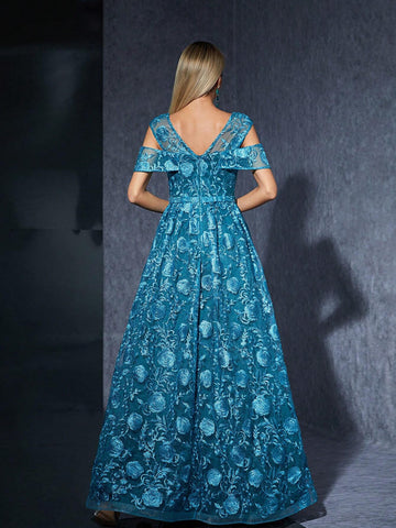 Off-Shoulder High-End Evening Dress With Embroidery, Ruffled Lace Sleeve