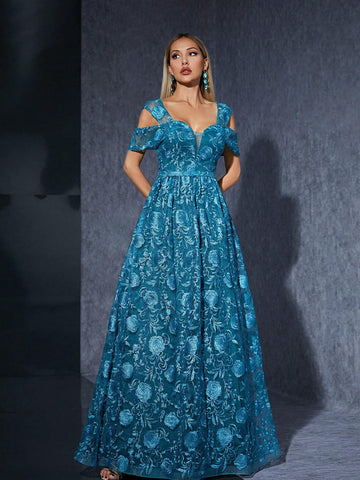 Off-Shoulder High-End Evening Dress With Embroidery, Ruffled Lace Sleeve