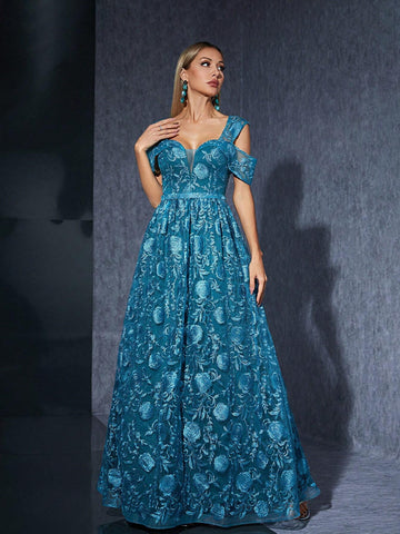Off-Shoulder High-End Evening Dress With Embroidery, Ruffled Lace Sleeve