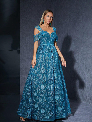 Off-Shoulder High-End Evening Dress With Embroidery, Ruffled Lace Sleeve