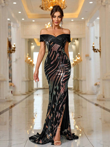 Off-Shoulder High-Slit Beaded Evening Gown Dress