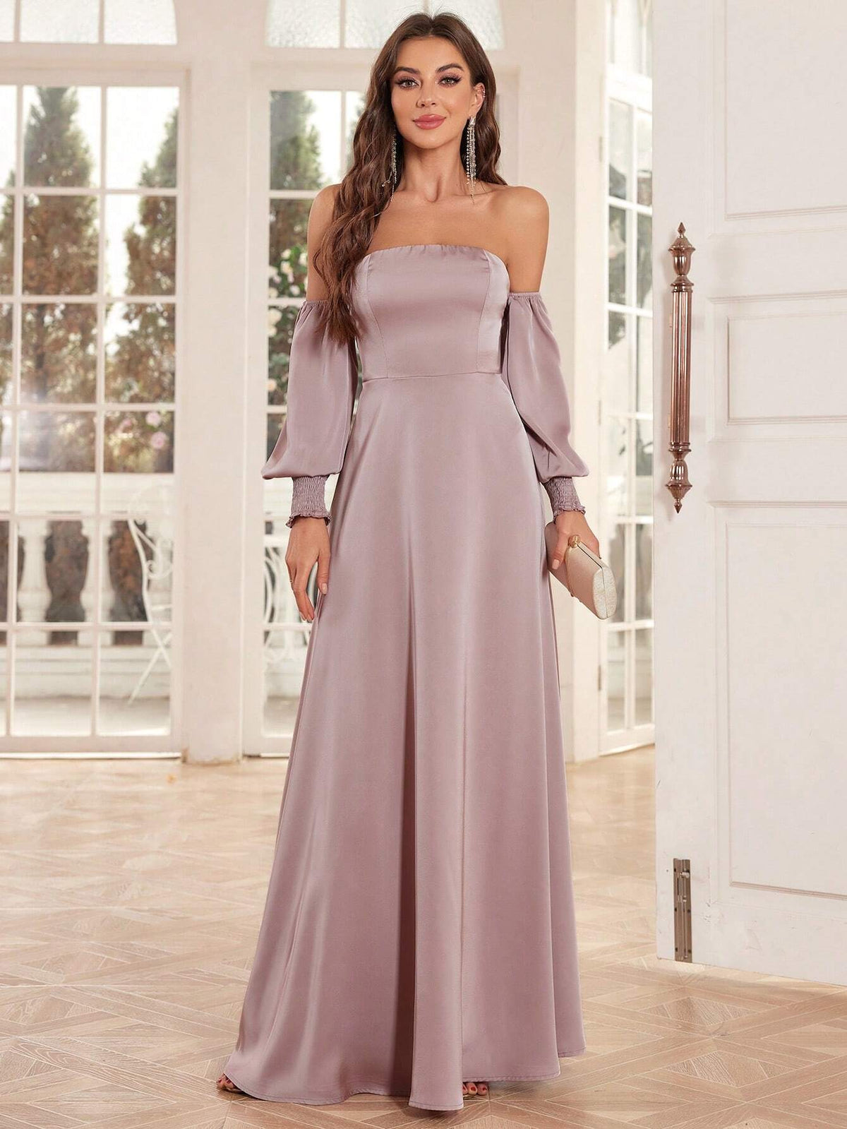 Off-Shoulder Lantern Sleeve A-Line Extra Long Evening Gown