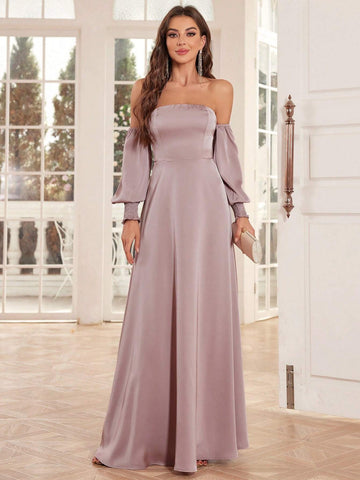 Off-Shoulder Lantern Sleeve A-Line Extra Long Evening Gown