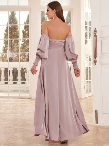 Off-Shoulder Lantern Sleeve A-Line Extra Long Evening Gown